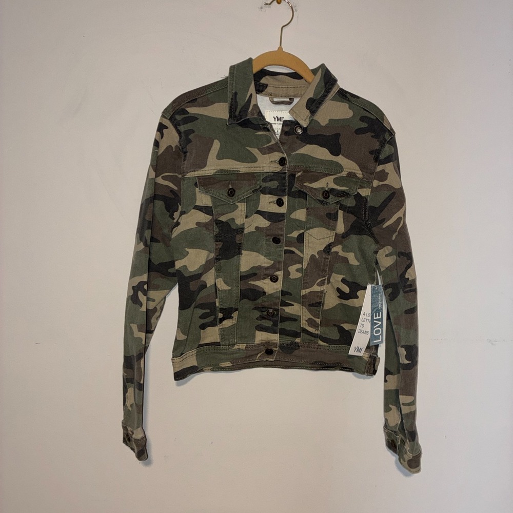 YMI Jeans Camo Trucker Jacket Womens Small NWT Olive Camouflage Denim